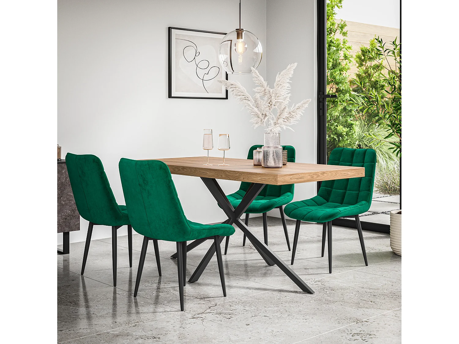 Donni Dining Table And Chairs -  Oak Effect Table Top w Black Legs + Nova Velvet Dining Chair Set Of 4