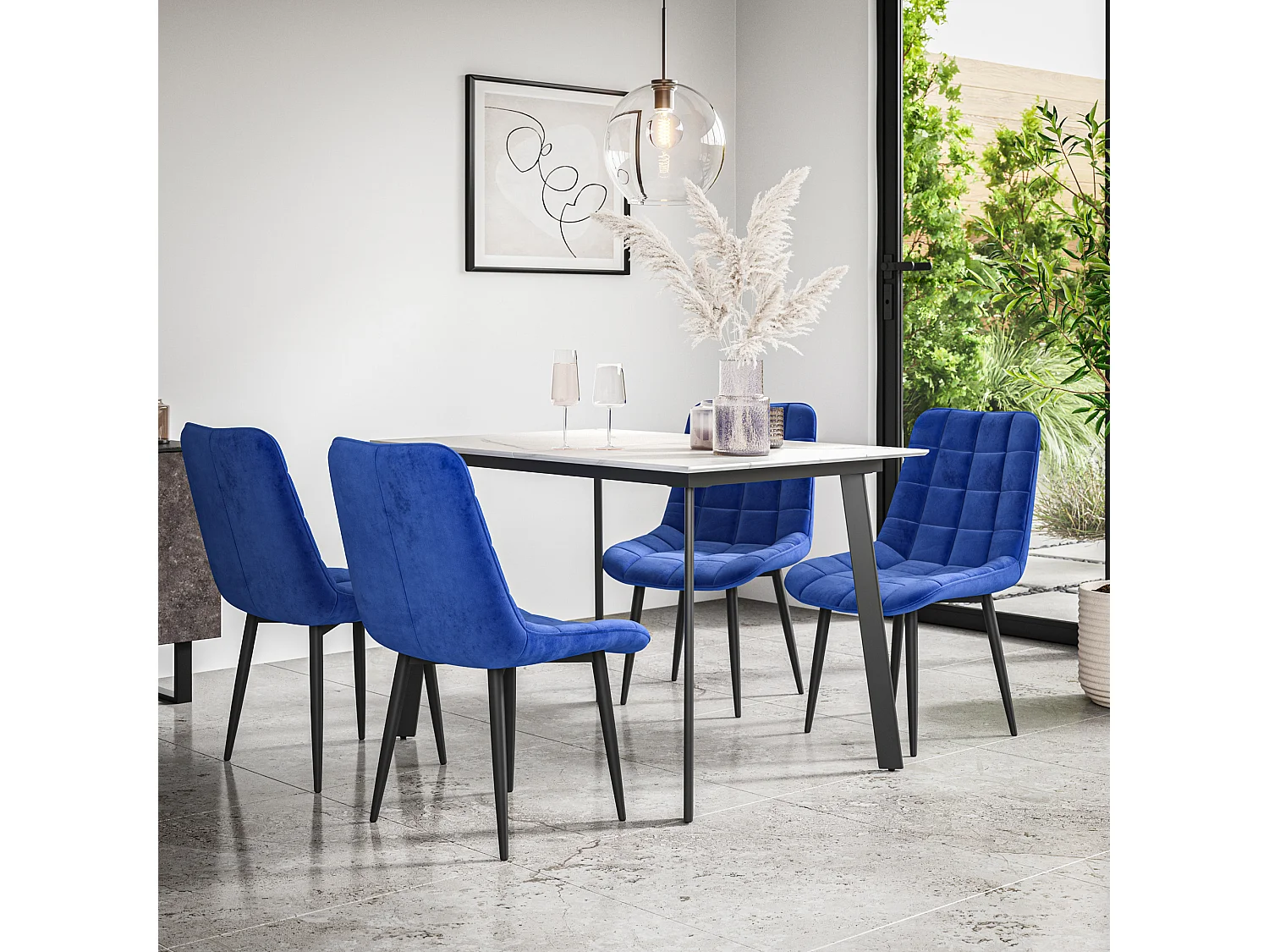 Haydon Extending Dining Table And Chairs- White Marble Effect Table Top w Black Legs + Nova Velvet  Dining Chair  Set Of 4
