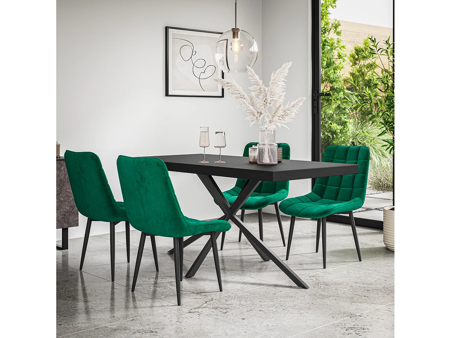 Donni Dining Table And Chairs -  Black Table Top w Black Legs + Nova Velvet Dining Chair Set Of 6
