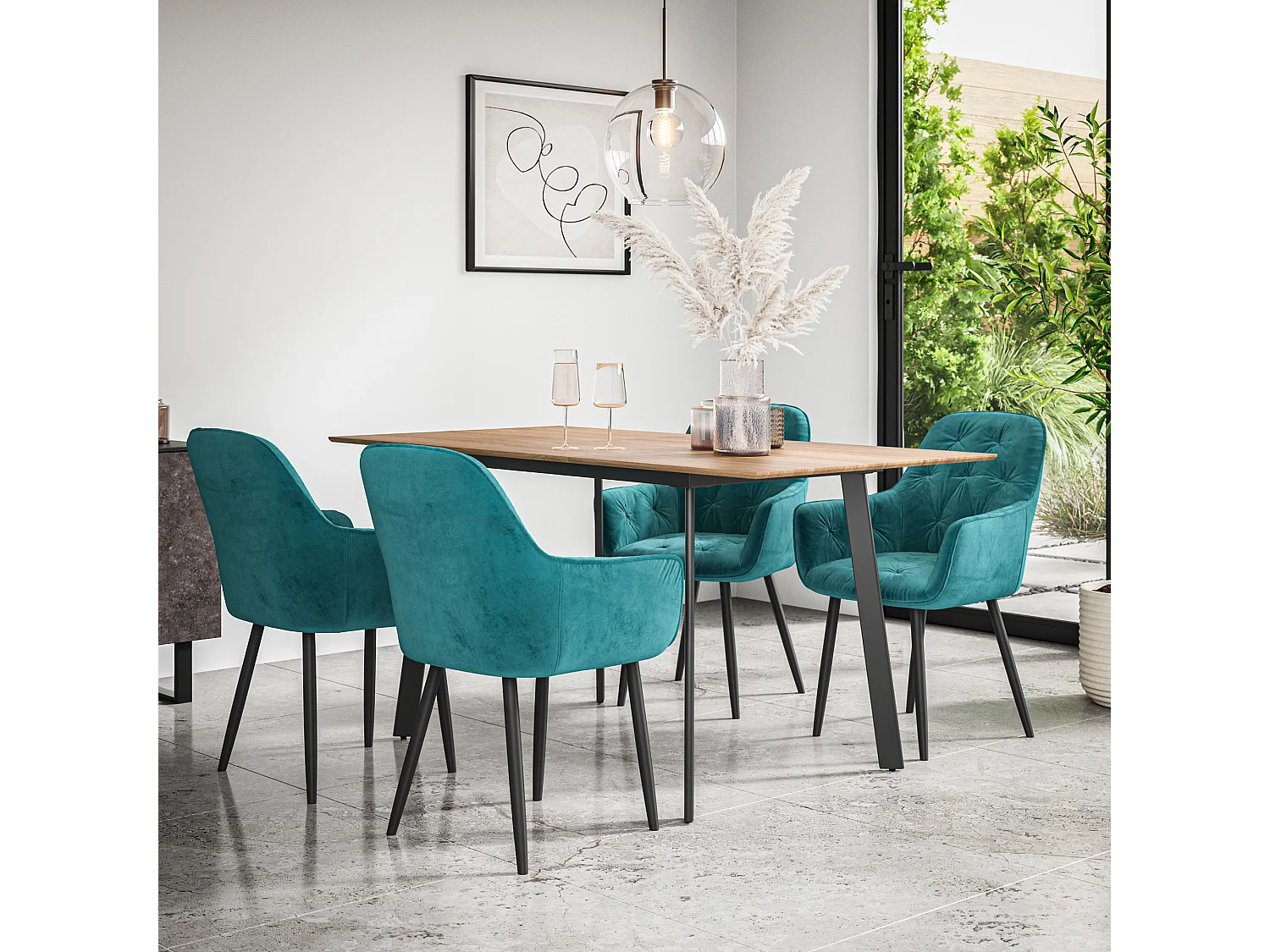 Haydon Extending Dining Table And Chairs -  Oak Effect Table Top w Black Legs + Anika Velvet Dining Chair Set Of 6