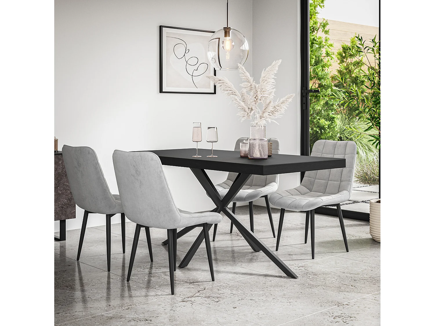 Donni Dining Table And Chairs -  Black Table Top w Black Legs + Nova Velvet Dining Chair Set Of 4