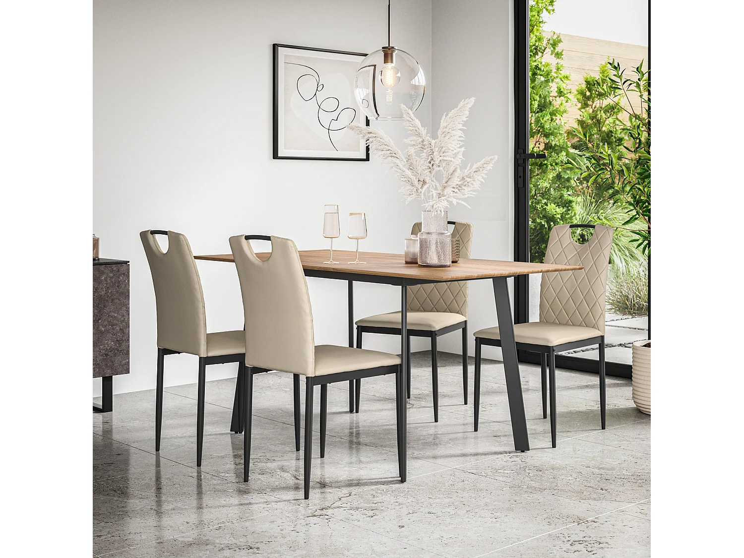 Haydon Extending Dining Table And Chairs -  Oak Effect Table Top w Black Legs + Monza Faux Leather Dining Chair  Set Of 4