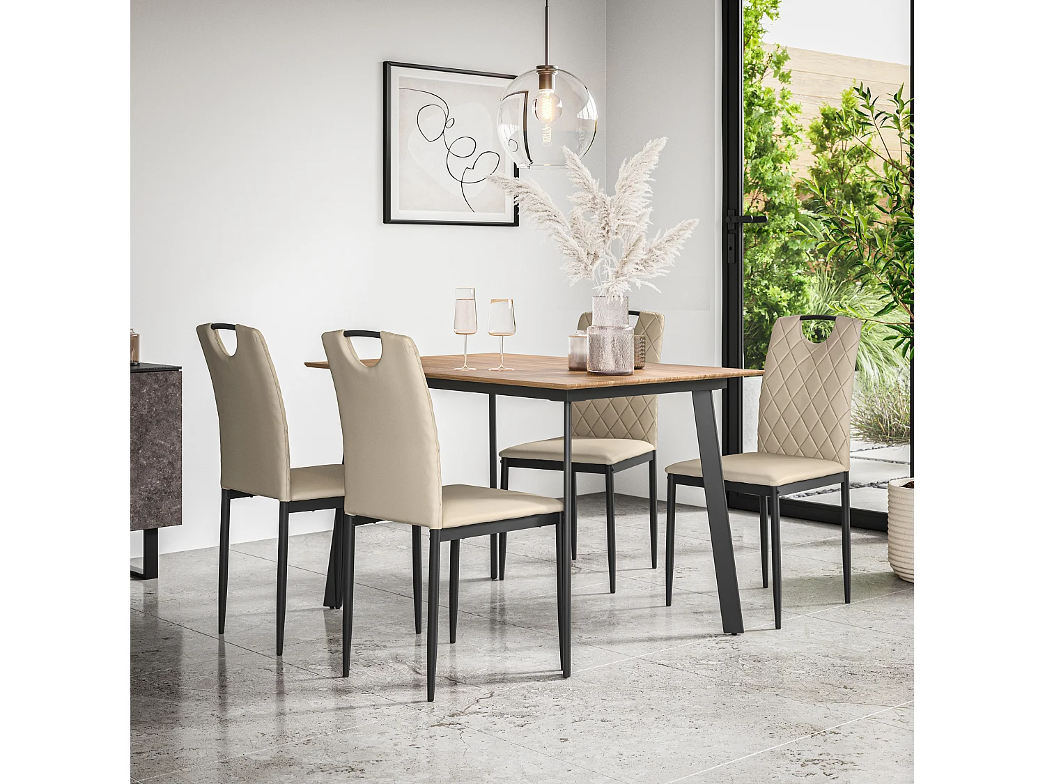 Haydon Extending Dining Table And Chairs -  Oak Effect Table Top w Black Legs + Monza Faux Leather Dining Chair  Set Of 4