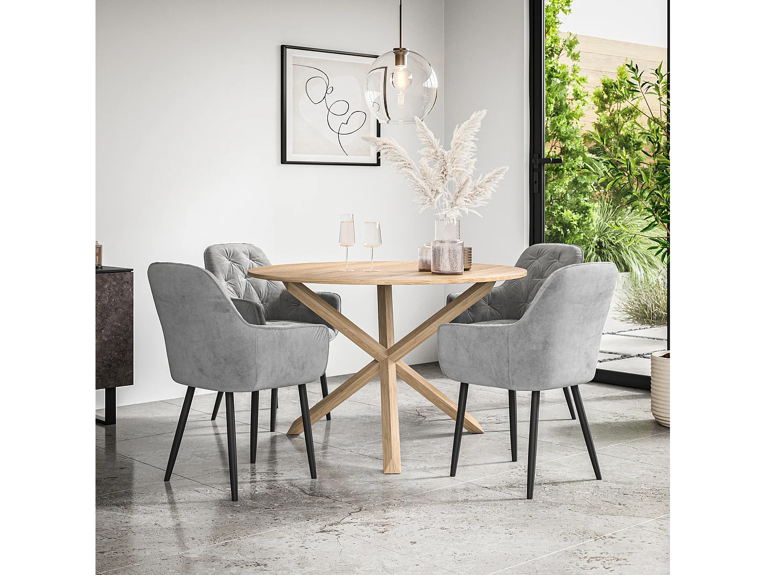 Malvern Round Dining Table And Chairs -  Oak Table Top w Solid Oak Legs + Anika Velvet Dining Chair Set Of 4
