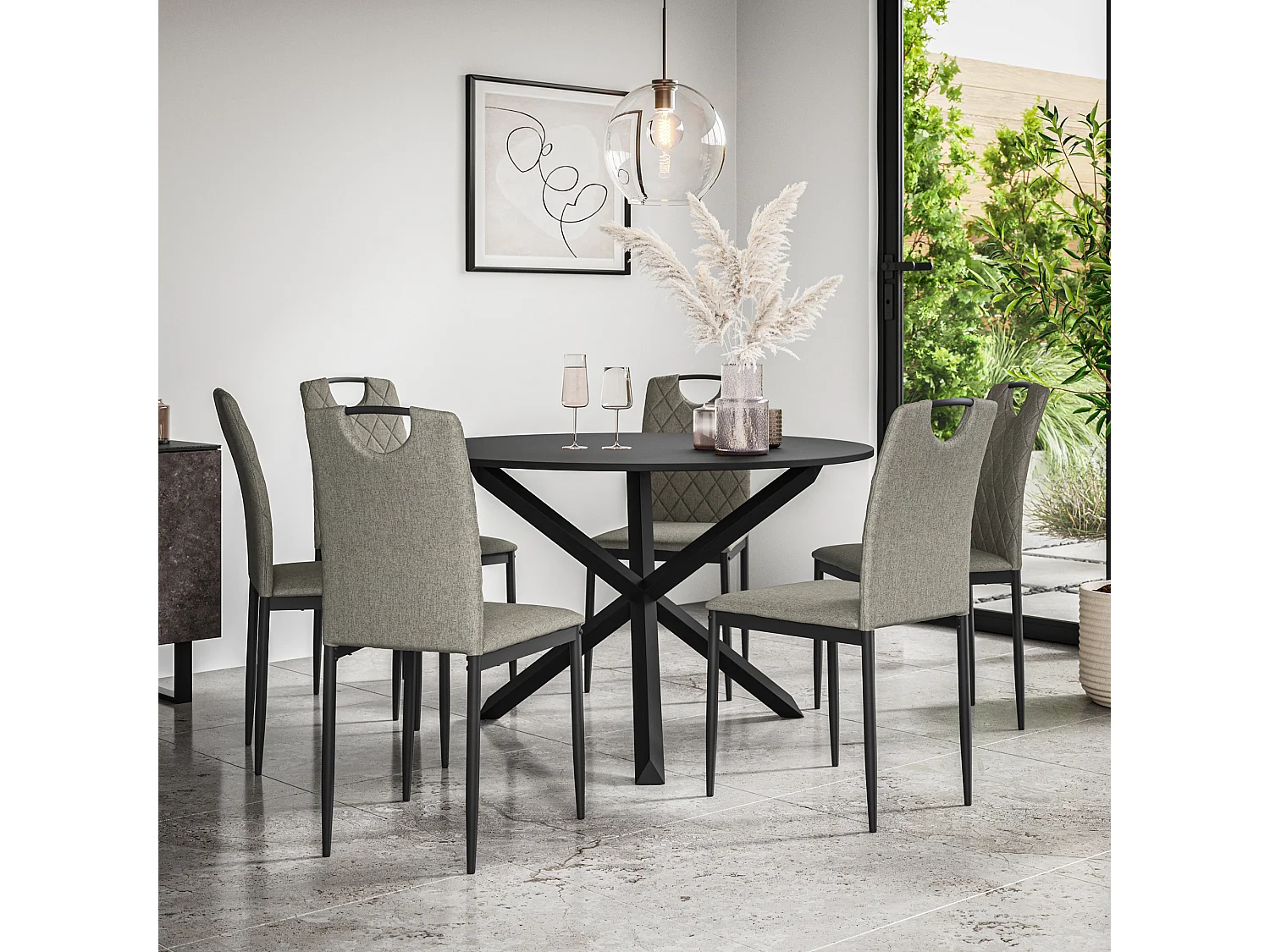 Malvern Round Dining Table And Chairs -  Black Table Top w Solid Oak Black Legs + Monza Fabric Dining Chair Set Of 6