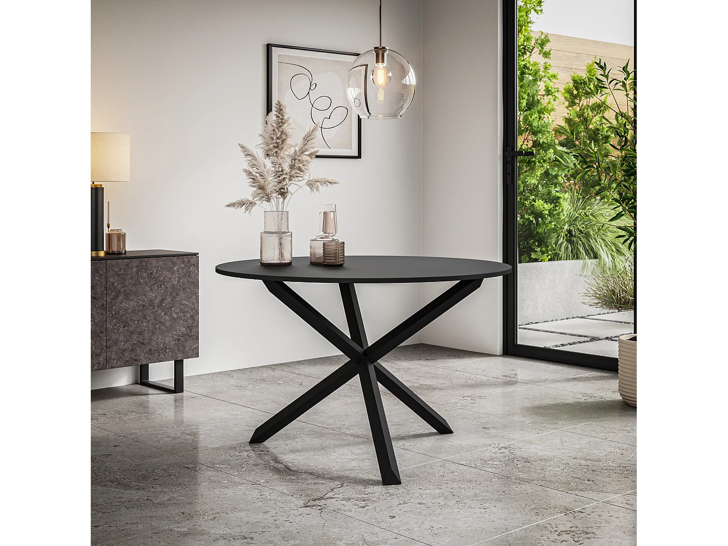 Malvern Round Dining Table And Chairs -  Black Table Top w Solid Oak Black Legs + Monza Fabric Dining Chair Set Of 6