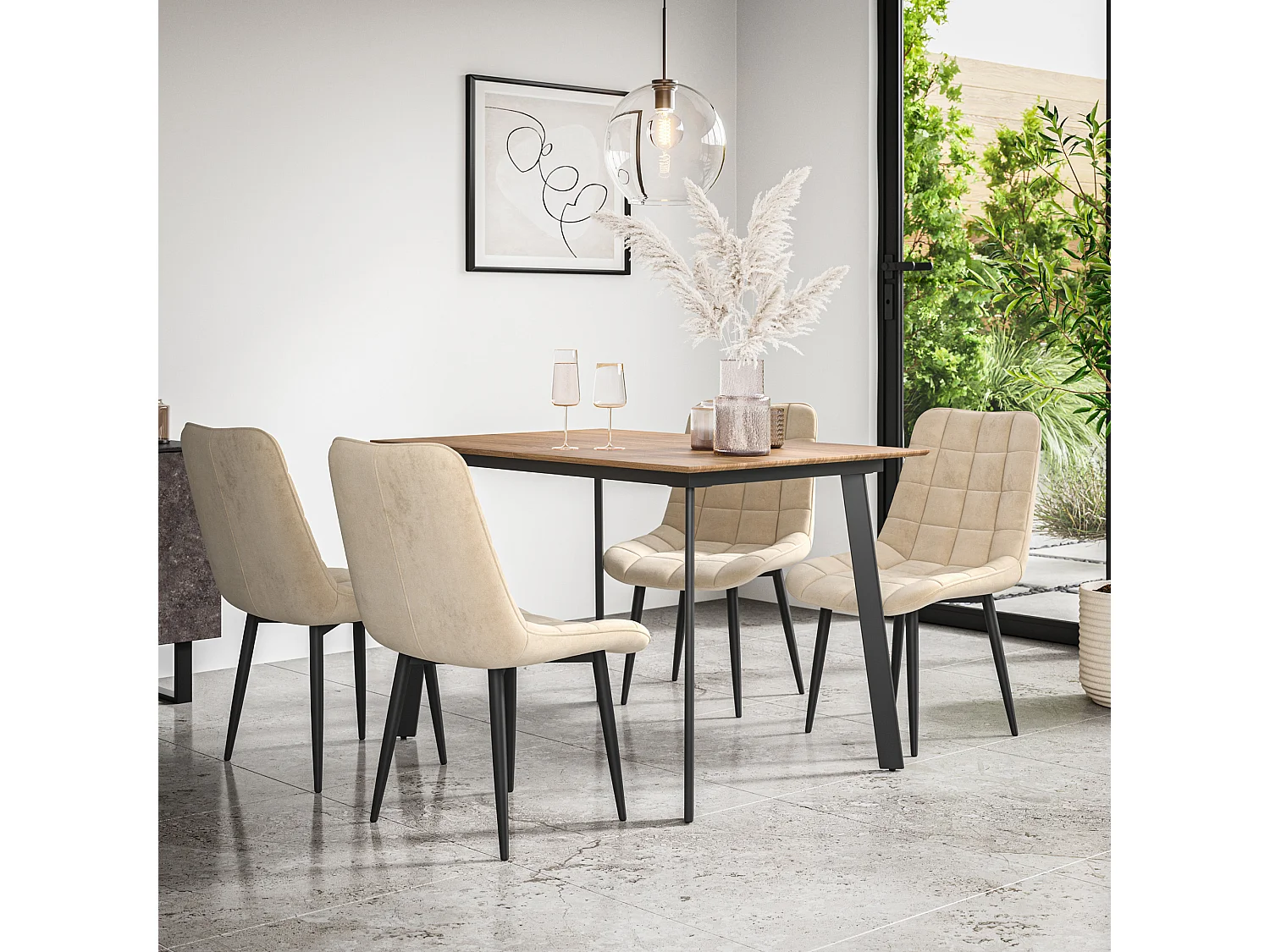 Haydon Extending Dining Table And Chairs- Oak Effect Table Top w Black Legs + Nova Velvet  Dining Chair  Set Of 6