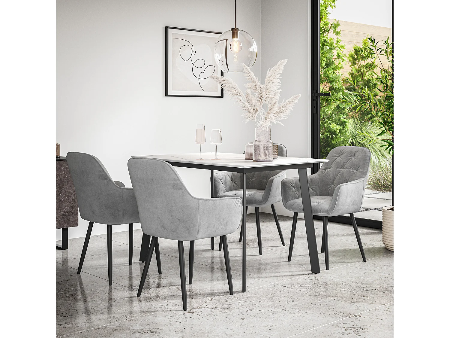 Haydon Extending Dining Table And Chairs- White Marble Effect Table Top w Black Legs + Anika Velvet  Dining Chair  Set Of 4