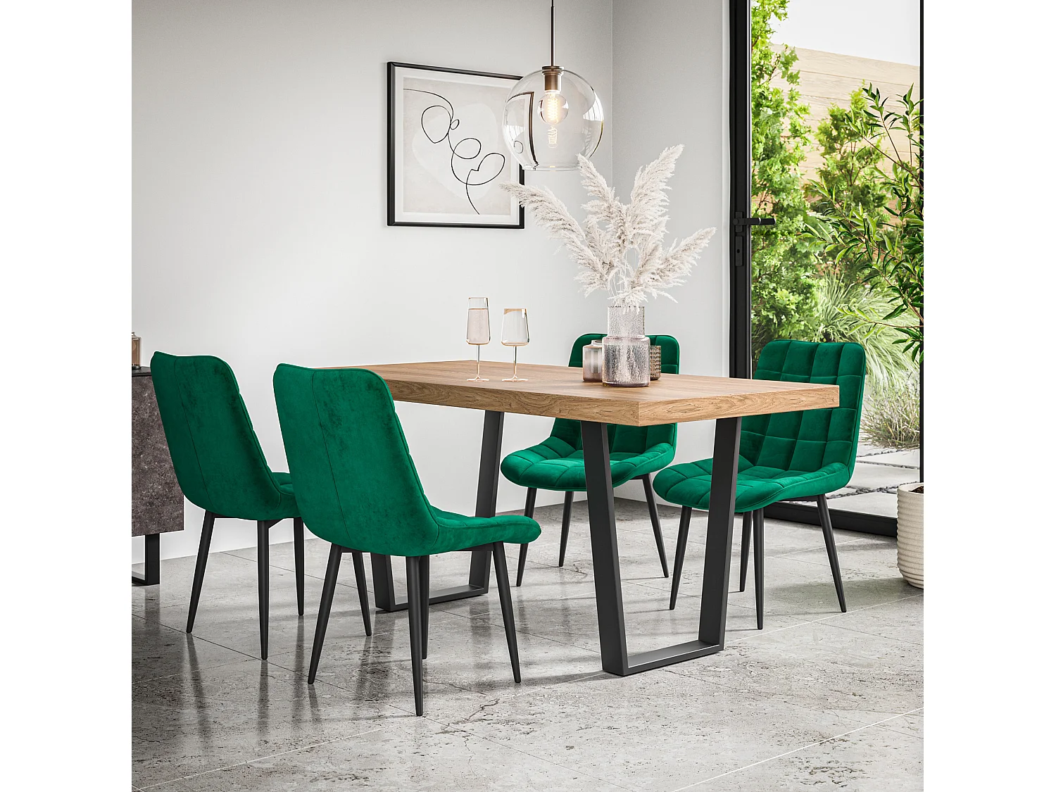Aria Dining Table And Chairs -  Oak Effect Table Top w Black Legs + Nova Velvet Dining Chair Set Of 4