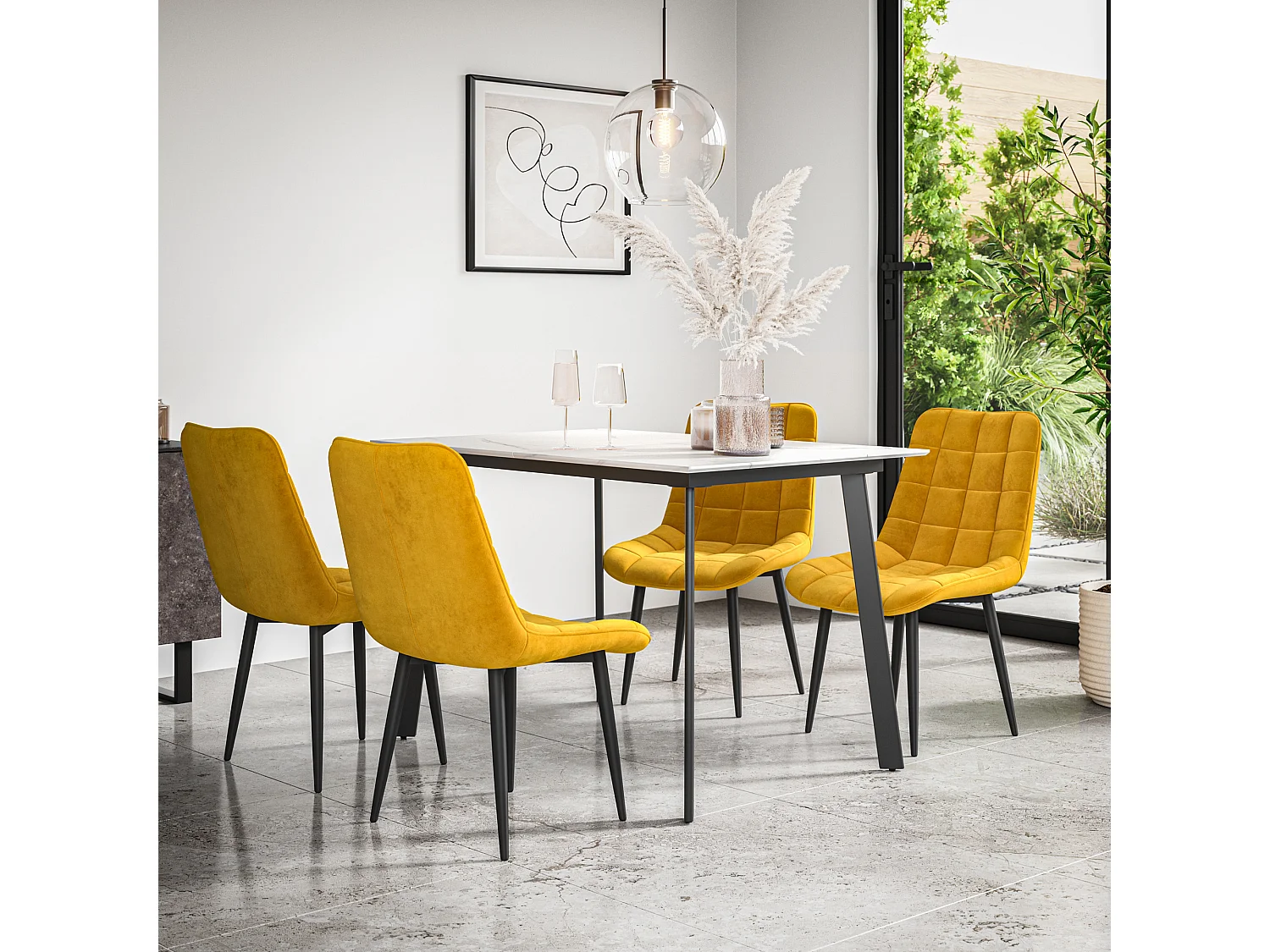 Haydon Extending Dining Table And Chairs- White Marble Effect Table Top w Black Legs + Nova Velvet  Dining Chair  Set Of 4