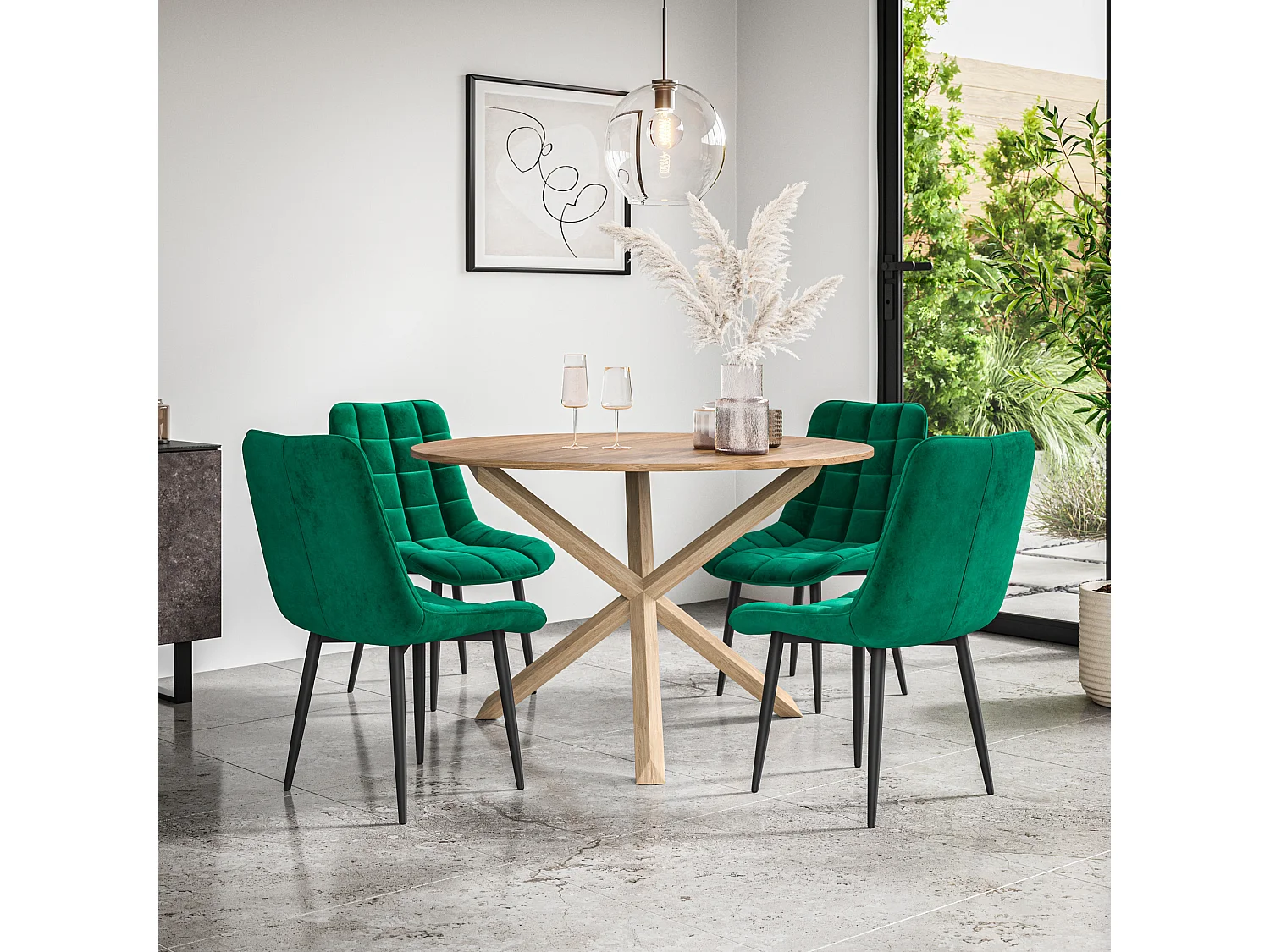 Malvern Round Dining Table And Chairs -  Oak Table Top w Solid Oak Legs + Nova Velvet Dining Chair Set Of 4