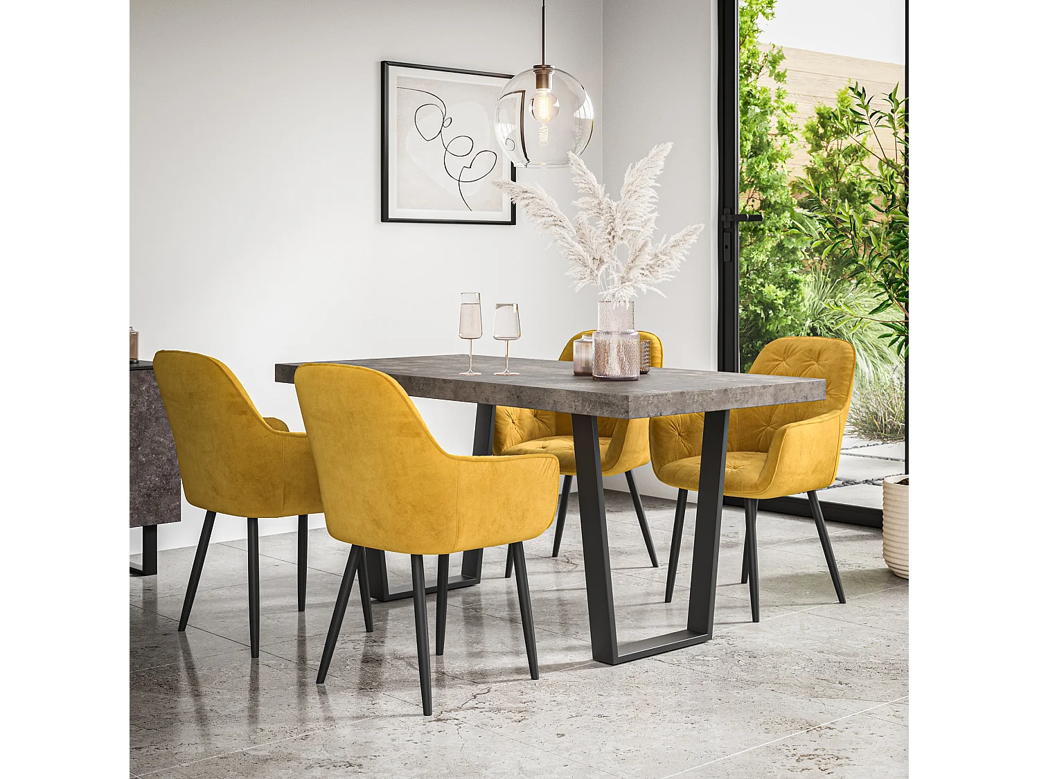 Aria Dining Table And Chairs -  Concrete Effect Table Top w Black Legs + Anika Velvet Dining Chair Set Of 6