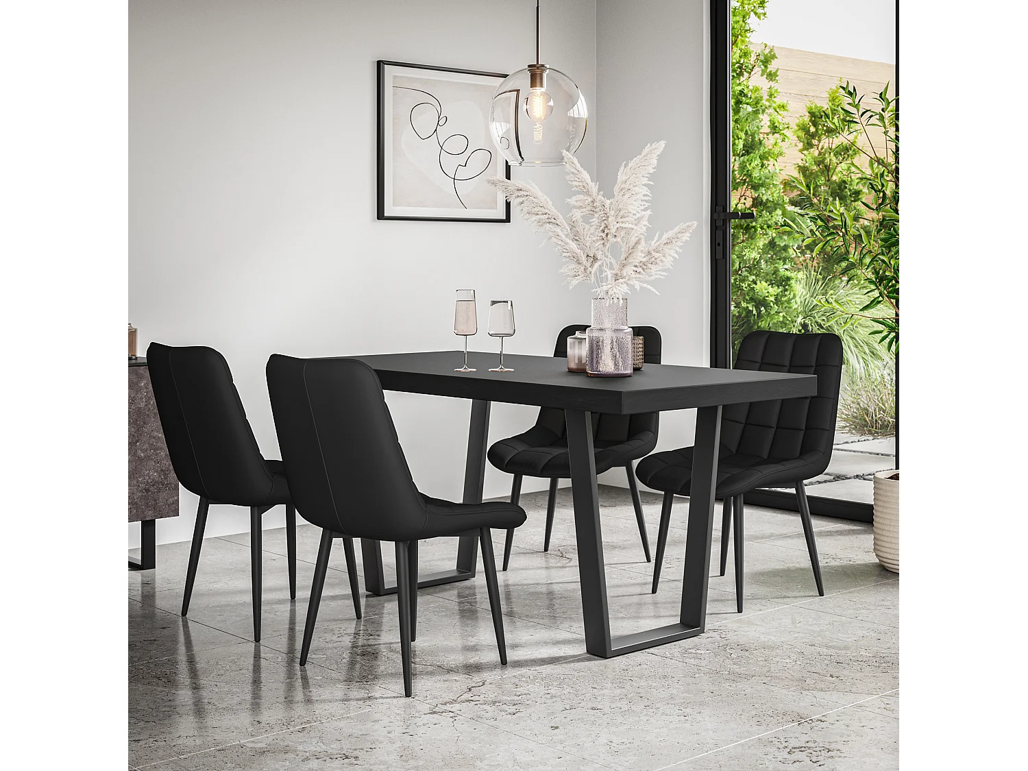 Aria Dining Table And Chairs -  Black Table Top w Black Legs + Nova Faux Leather Dining Chair Set Of 6