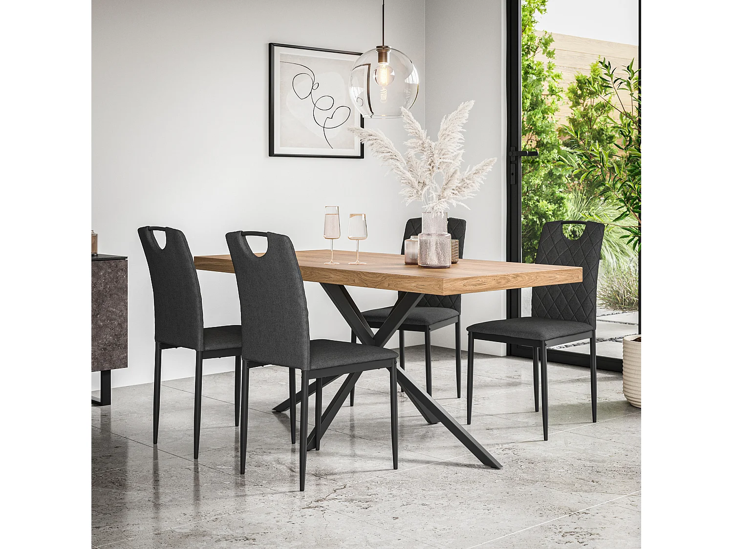 Donni Dining Table And Chairs -  Oak Effect Table Top w Black Legs + Monza Linen Dining Chair Set Of 4