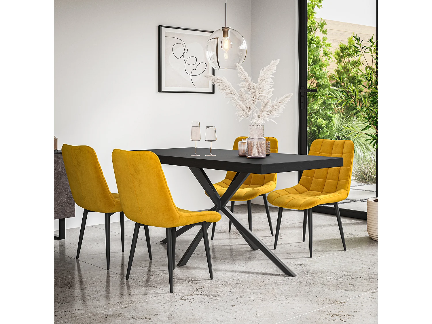 Donni Dining Table And Chairs -  Black Table Top w Black Legs + Nova Velvet Dining Chair Set Of 6