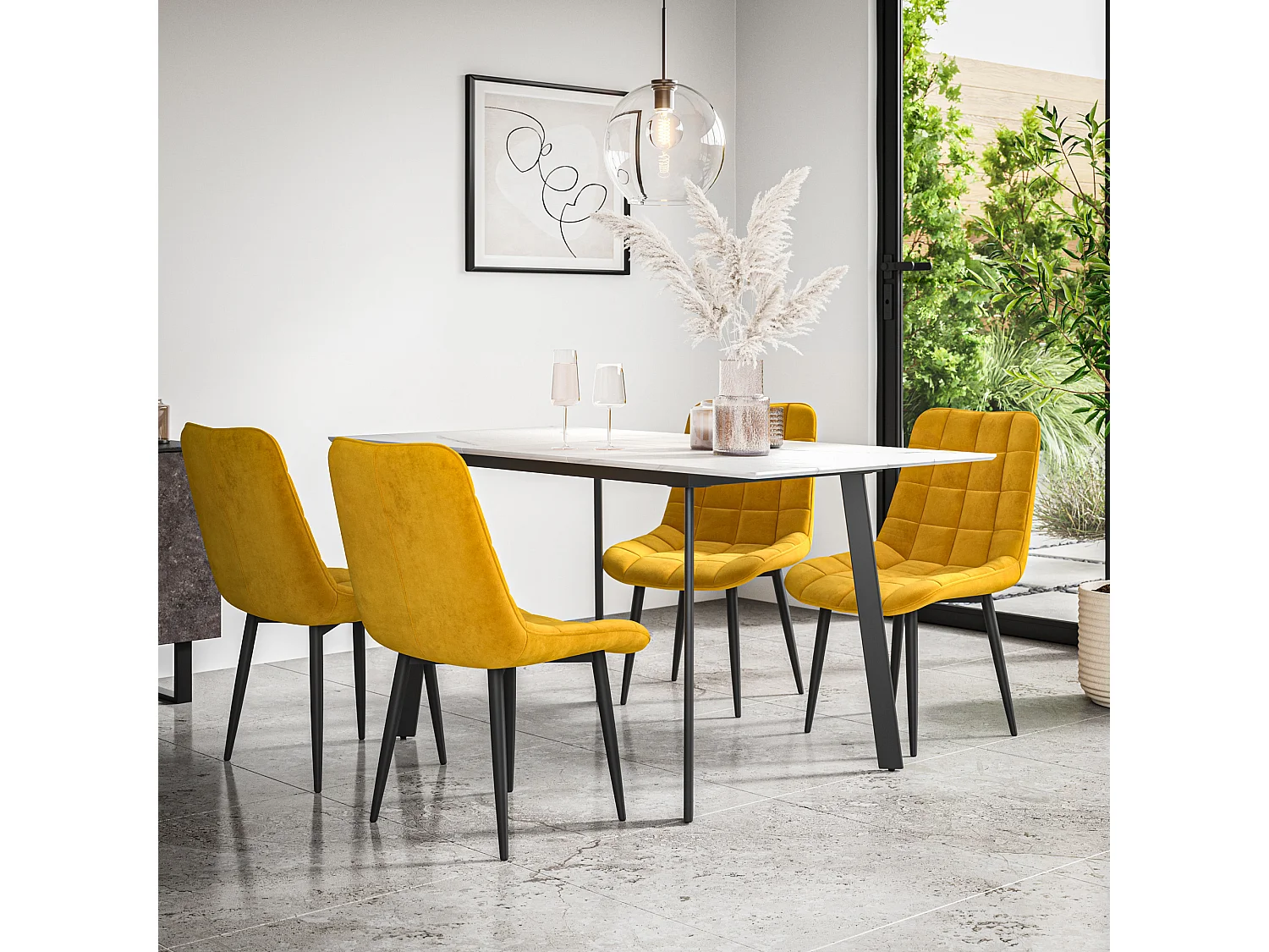 Haydon Extending Dining Table And Chairs- White Marble Effect Table Top w Black Legs + Nova Velvet  Dining Chair Set Of 6