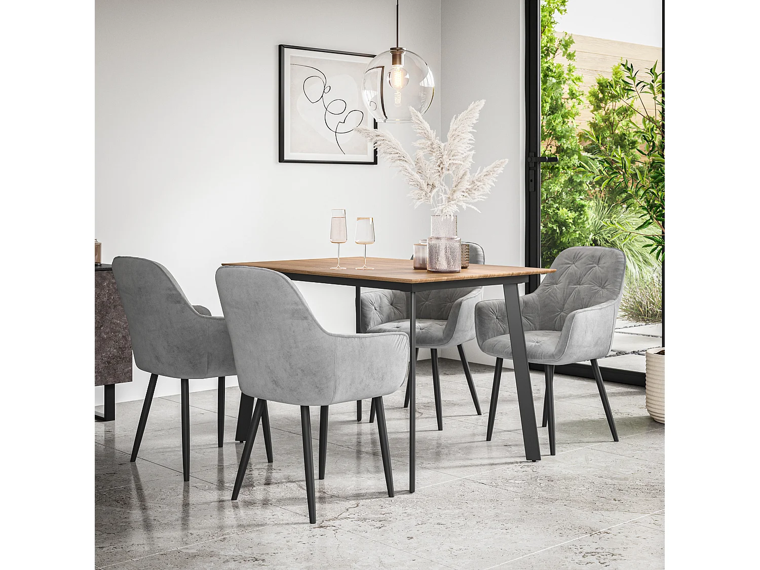 Haydon Extending Dining Table And Chairs -  Oak Effect Table Top w Black Legs + Anika Velvet Dining Chair Set Of 4