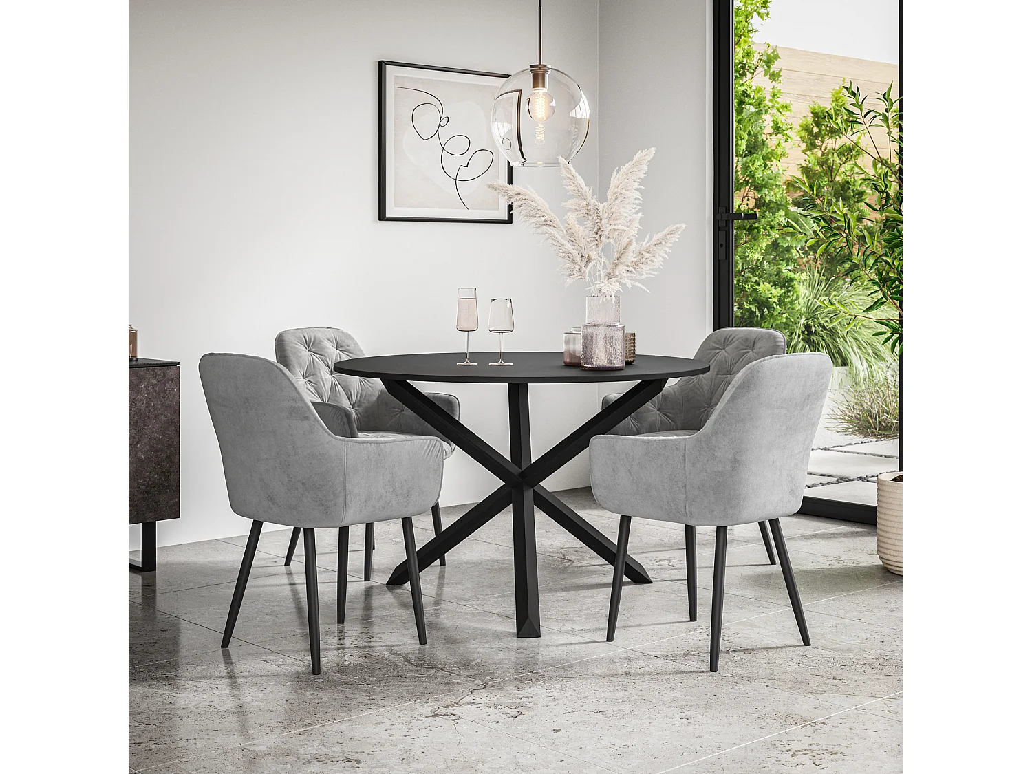 Malvern Round Dining Table And Chairs -  Black Table Top w Solid Oak Black Legs + Anika Velvet Dining Chair Set Of 4