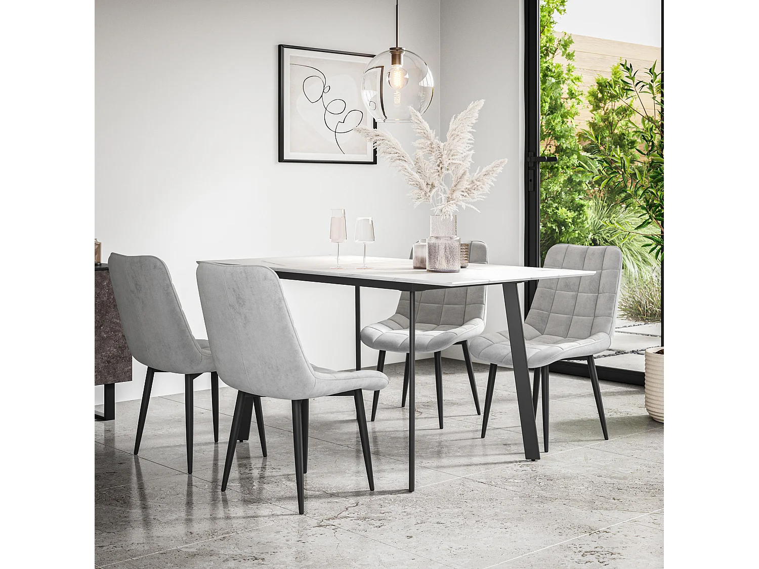 Haydon Extending Dining Table And Chairs- White Marble Effect Table Top w Black Legs + Nova Velvet  Dining Chair  Set Of 4