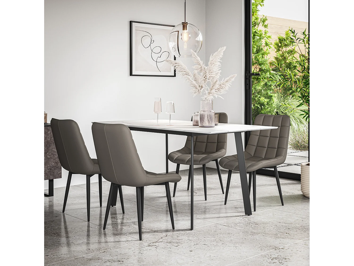 Haydon Extending Dining Table And Chairs- White Marble Effect Table Top w Black Legs + Nova Faux Leather  Dining Chair  Set Of 4