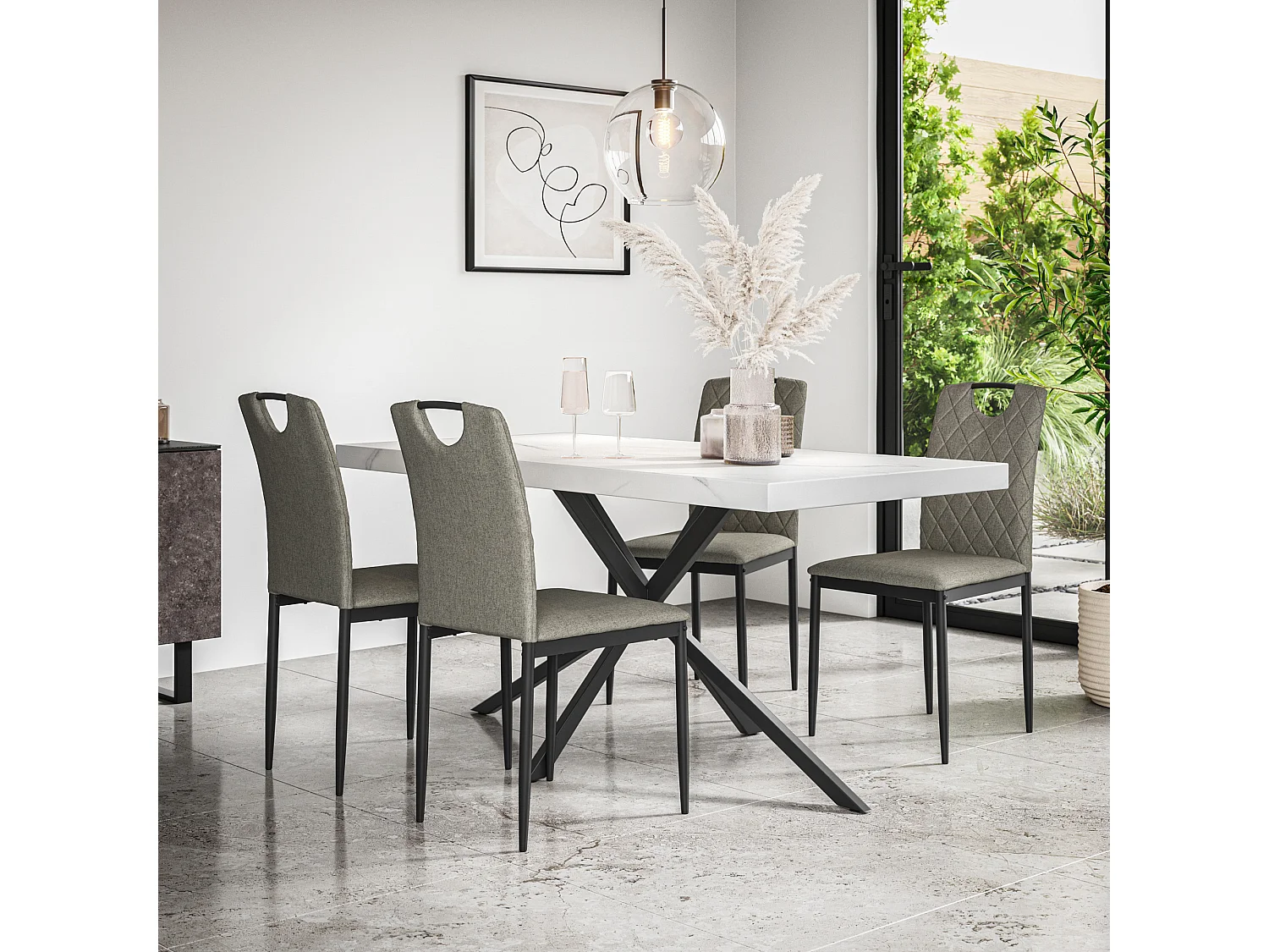 Donni Dining Table And Chairs -  White Marble Effect Table Top w Black Legs + Monza Linen Dining Chair Set Of 6