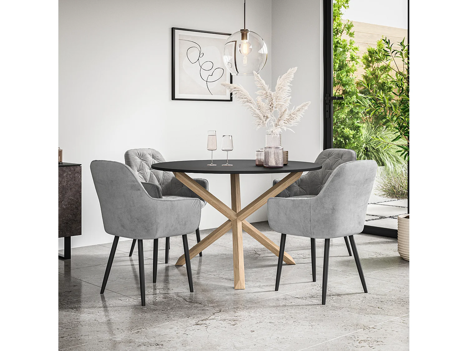 Malvern Round Dining Table And Chairs -  Black Table Top w Solid Oak Legs + Anika Velvet Dining Chair Set Of 4