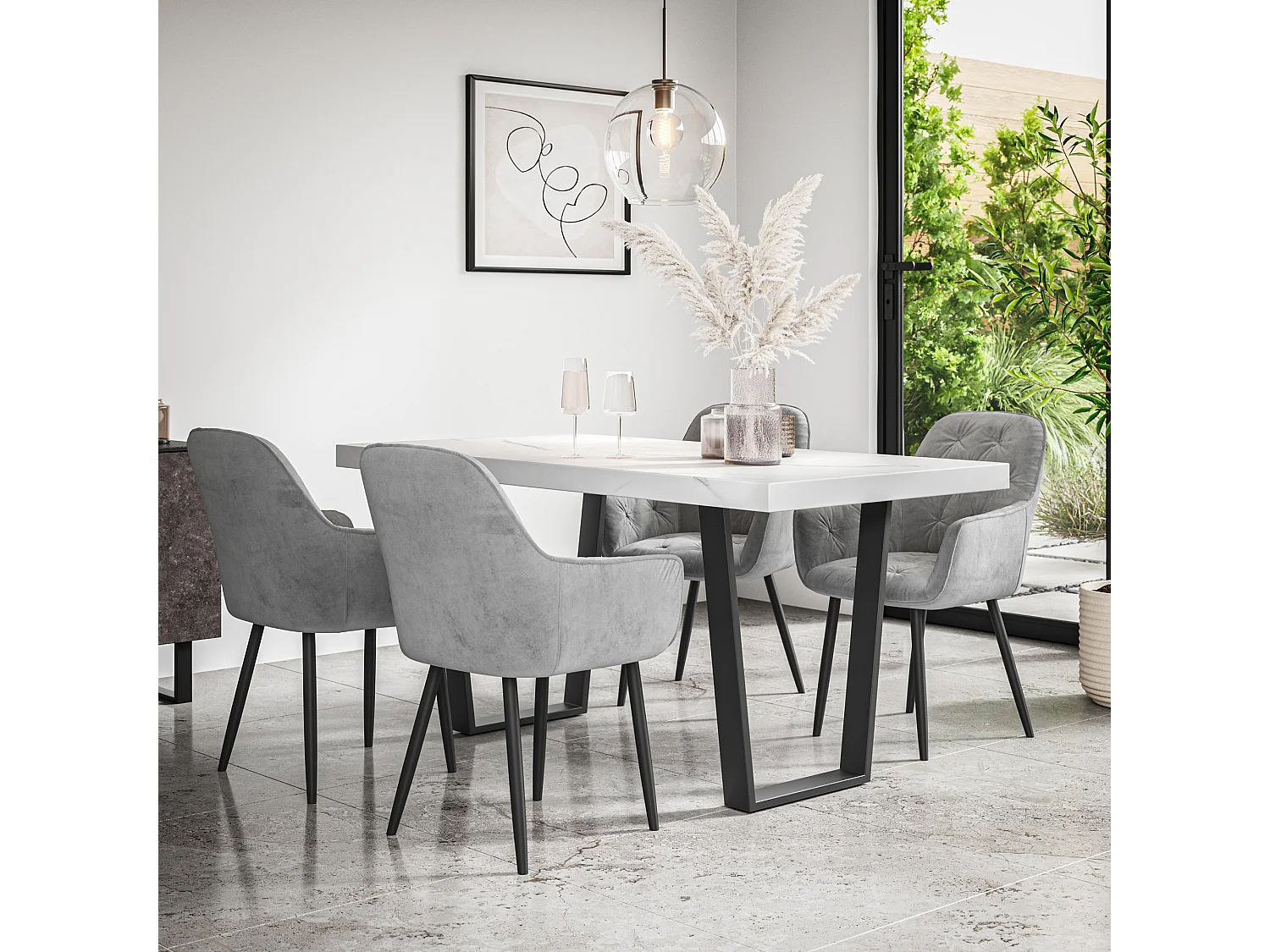 Aria Dining Table And Chairs -  White Marble Effect Table Top w Black Legs + Anika Velvet Dining Chair Set Of 6