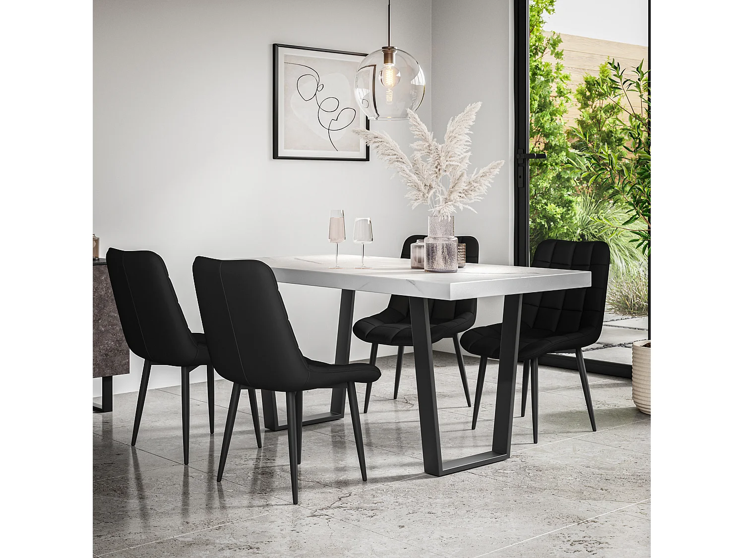 Aria Dining Table And Chairs -  White Marble Effect Table Top w Black Legs + Nova Faux Leather Dining Chair Set Of 6