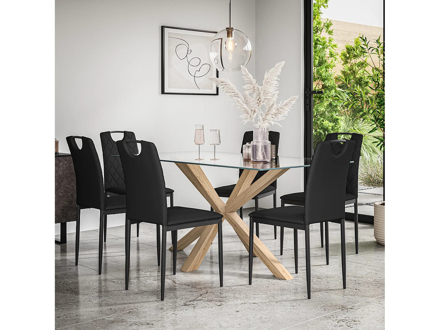 Etta Glass Dining Table And Chairs - Glass Top w Solid Oak Legs + Monza Faux Leather Dining Chair Set Of 6