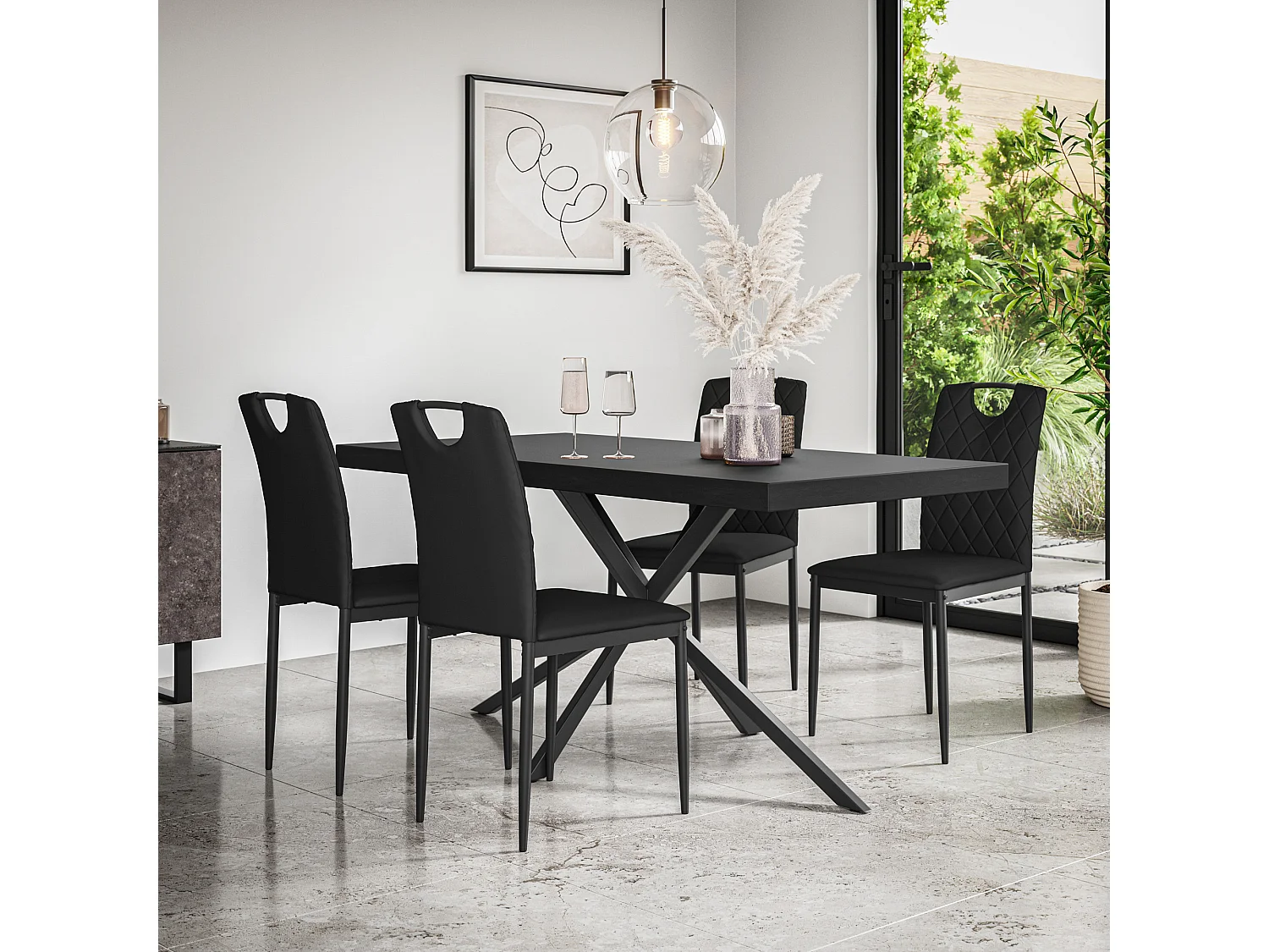 Donni Dining Table And Chairs -  Black Table Top w Black Legs + Monza Faux Leather Dining Chair Set Of 4