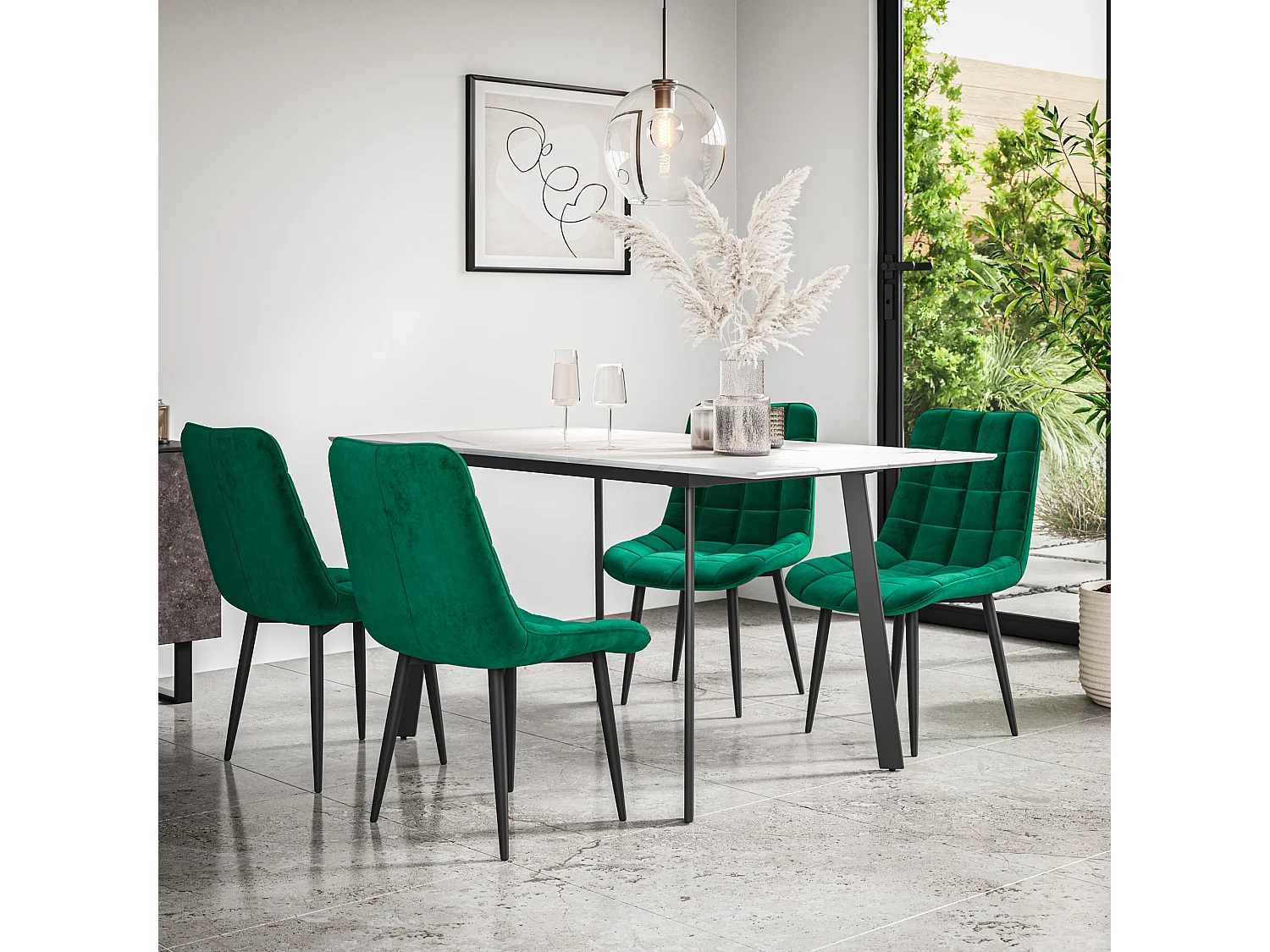 Haydon Extending Dining Table And Chairs- White Marble Effect Table Top w Black Legs + Nova Velvet  Dining Chair  Set Of 6