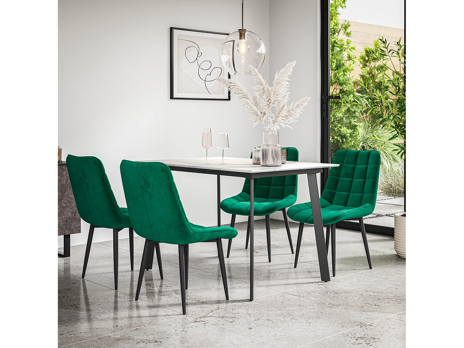 Haydon Extending Dining Table And Chairs- White Marble Effect Table Top w Black Legs + Nova Velvet  Dining Chair  Set Of 6