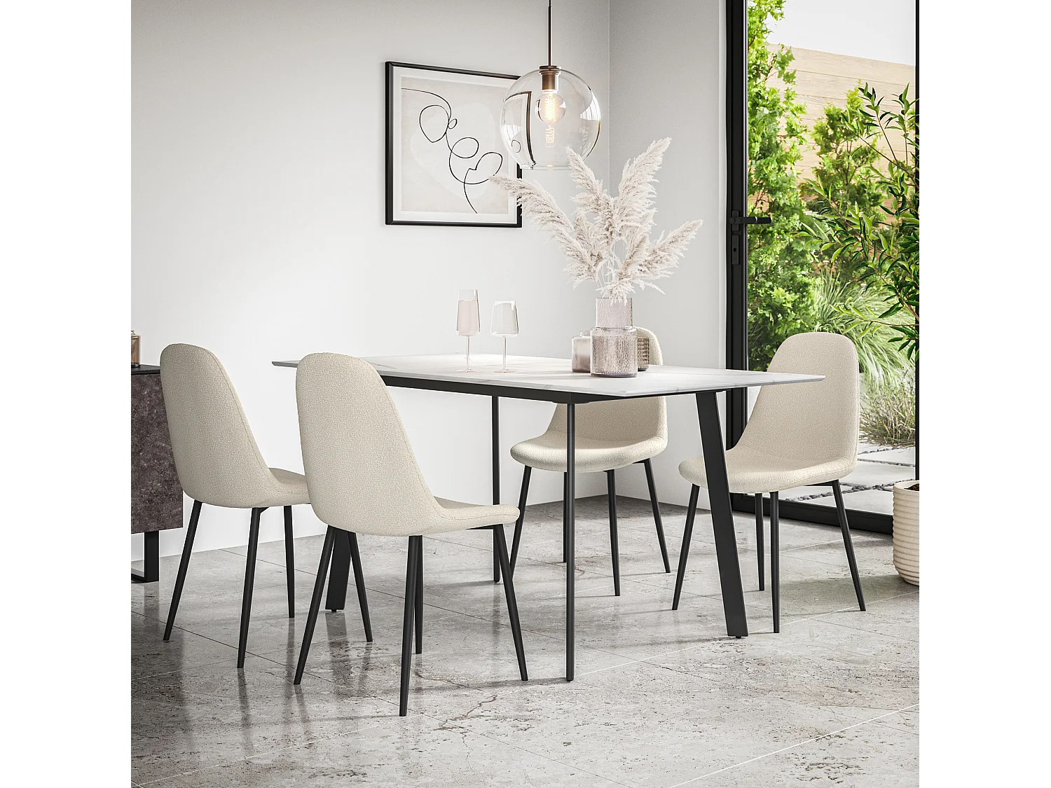 Haydon Extending Dining Table And Chairs - White Marble Effect Table Top w Black Legs + Maya Boucle Dining Chair Set Of 4