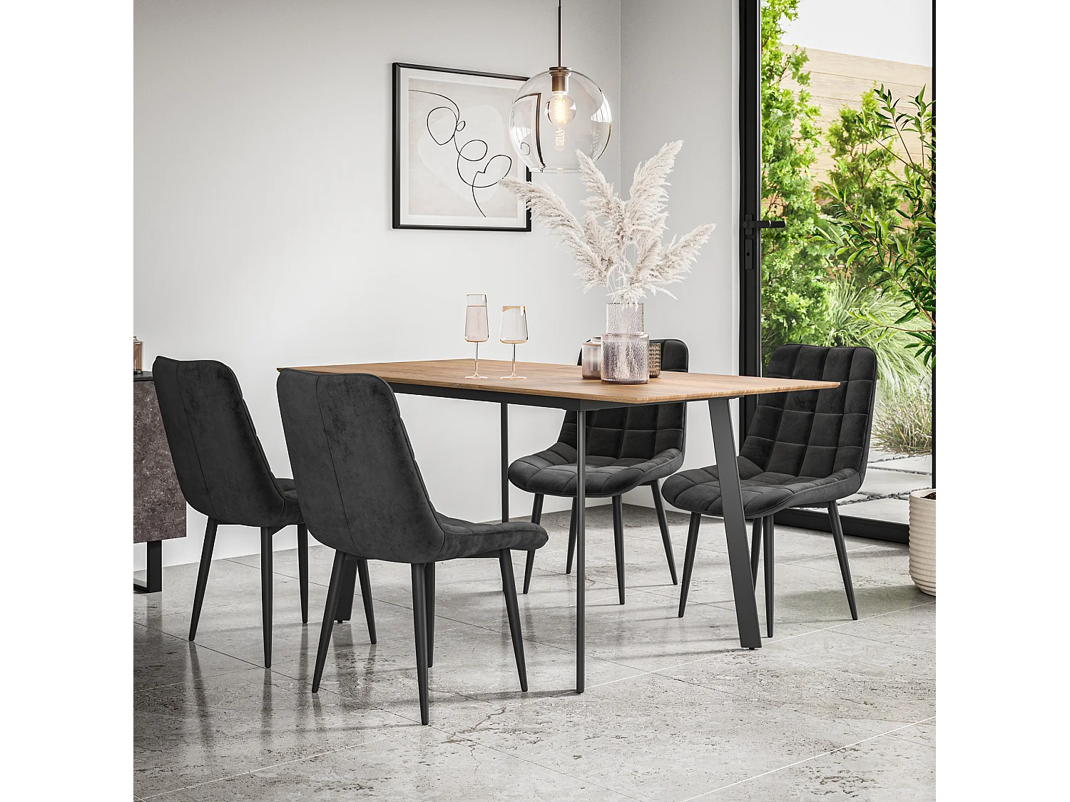 Haydon Extending Dining Table And Chairs- Oak Effect Table Top w Black Legs + Nova Velvet  Dining Chair Set Of 6