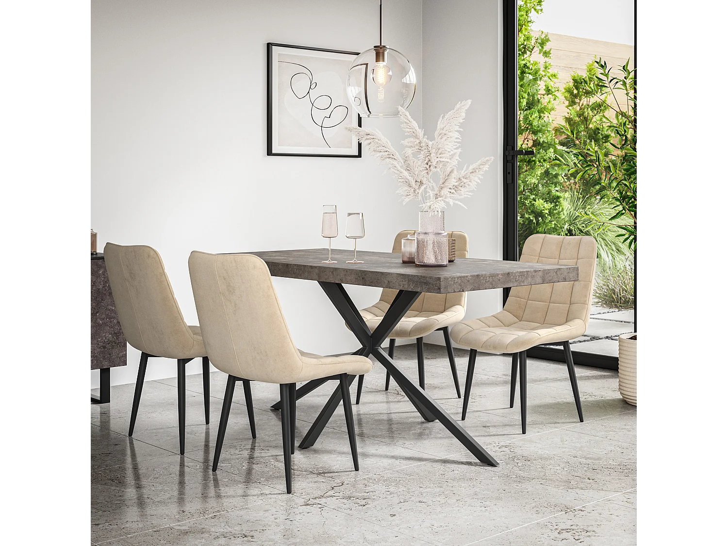 Donni Dining Table And Chairs -  Concrete Effect Table Top w Black Legs + Nova Velvet Dining Chair Set Of 6