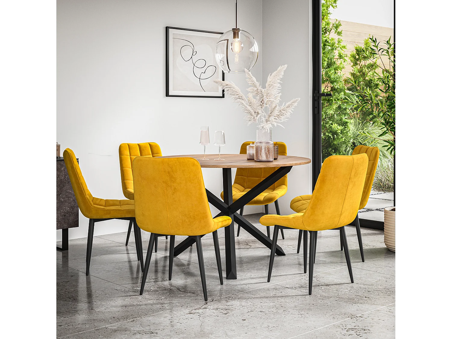 Malvern Round Dining Table And Chairs -  Oak Table Top w Solid Oak Black Legs + Nova Velvet Dining Chair Set Of 6
