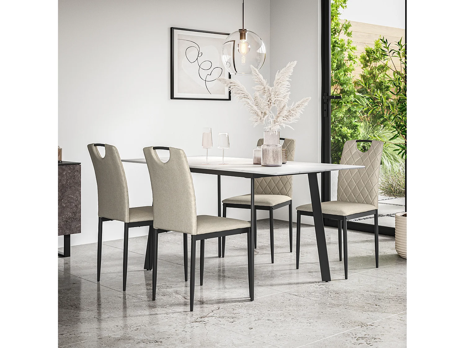 Haydon Extending Dining Table And Chairs- White Marble Effect Table Top w Black Legs + Monza Linen Dining Chair Set Of 6