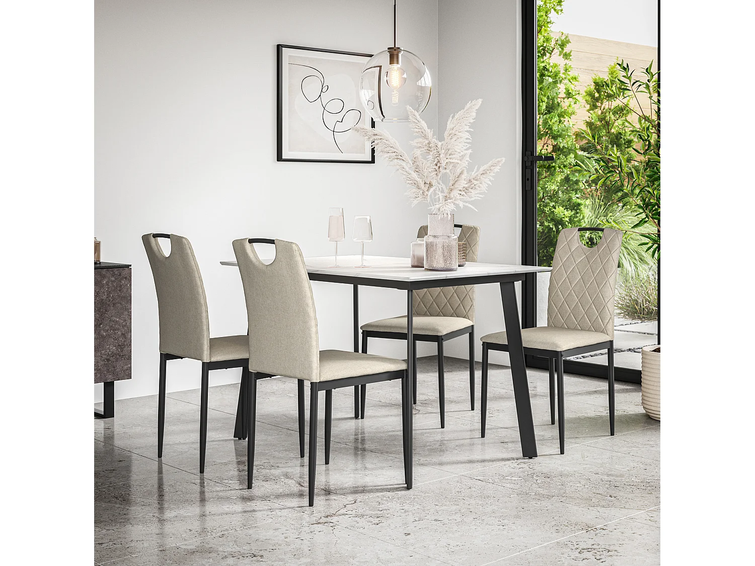 Haydon Extending Dining Table And Chairs- White Marble Effect Table Top w Black Legs + Monza Linen Dining Chair Set Of 6