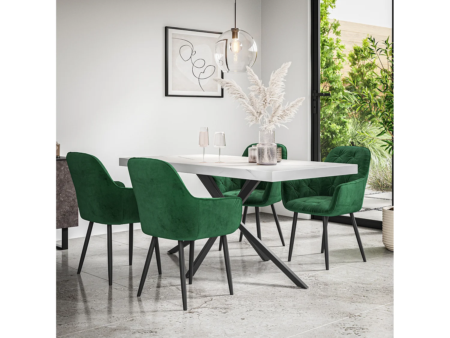 Donni Dining Table And Chairs -  White Marble Effect Table Top w Black Legs + Anika Velvet Dining Chair Set Of 6