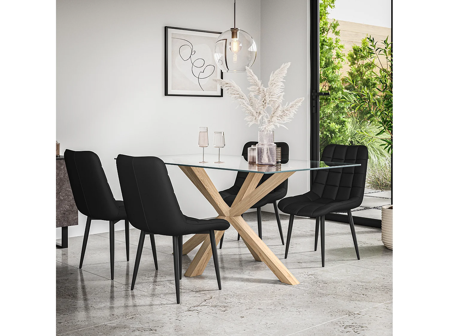 Etta Glass Dining Table And Chairs - Glass Top w Solid Oak Legs + Nova Faux Leather Dining Chair Set Of 4