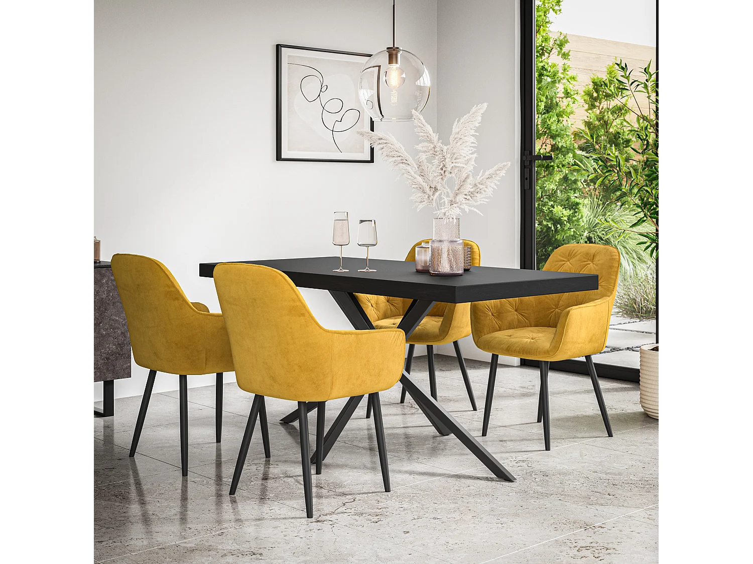 Donni Dining Table And Chairs -  Black Table Top w Black Legs + Anika Velvet Dining Chair Set Of 4