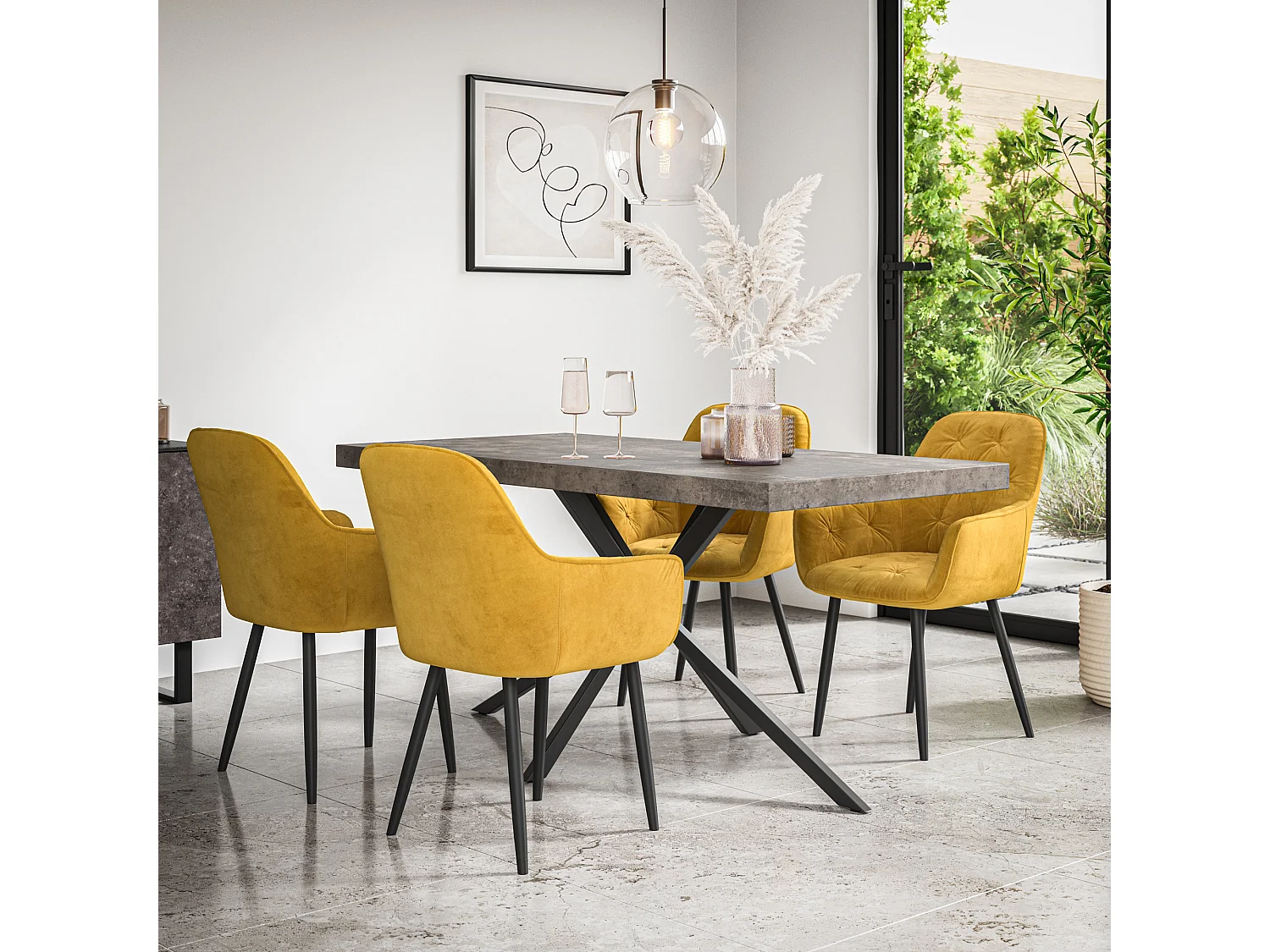 Donni Dining Table And Chairs -  Concrete Effect Table Top w Black Legs + Anika Velvet Dining Chair Set Of 4