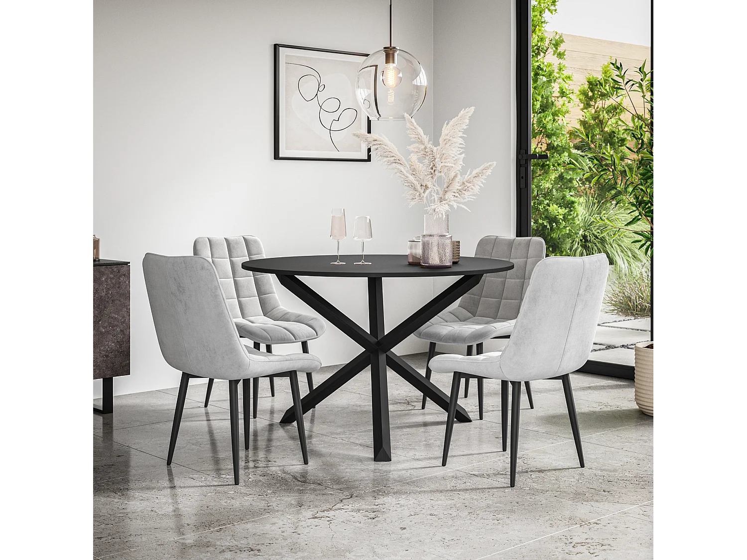 Malvern Round Dining Table And Chairs -  Black Table Top w Solid Oak Black Legs + Nova Velvet Dining Chair Set Of 4