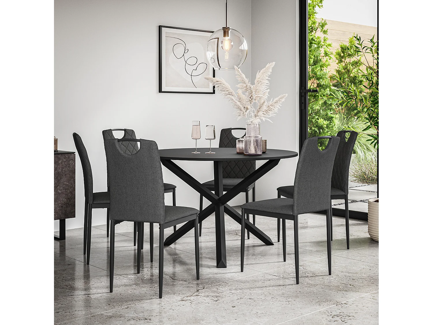 Malvern Round Dining Table And Chairs -  Black Table Top w Solid Oak Black Legs + Monza Fabric Dining Chair Set Of 6