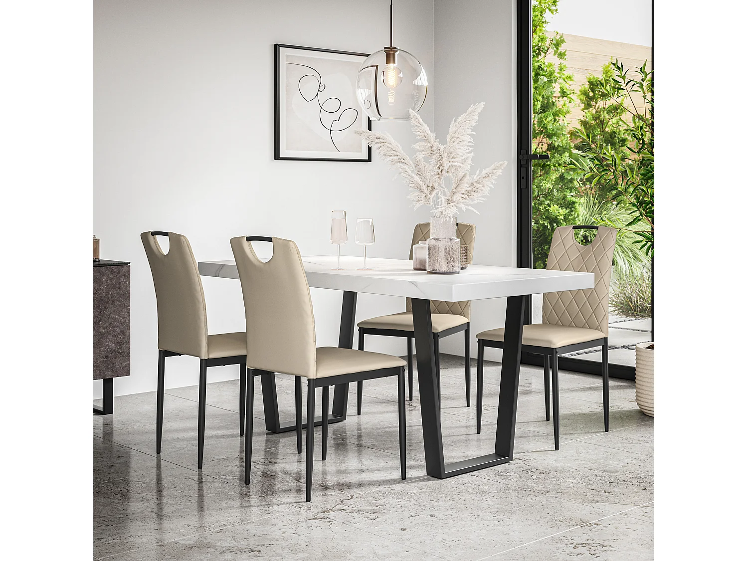 Aria Dining Table And Chairs -  White Marble Effect Table Top w Black Legs + Monza Faux Leather Dining Chair Set Of 6