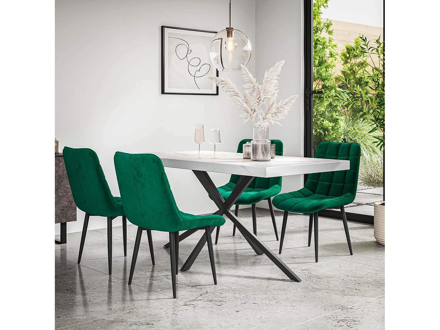 Donni Dining Table And Chairs -  White Marble Effect Table Top w Black Legs + Nova Velvet Dining Chair Set Of 4