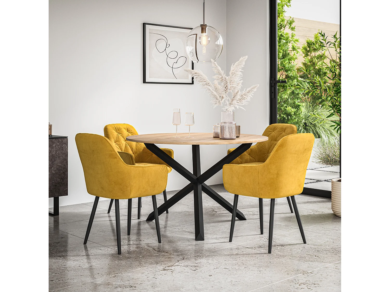 Malvern Round Dining Table And Chairs -  Oak Table Top w Solid Oak Black Legs + Anika Velvet Dining Chair Set Of 4