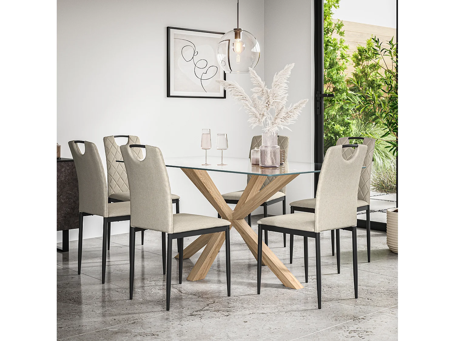 Etta Glass Dining Table And Chairs - Glass Top w Solid Oak Legs + Monza Fabric Dining Chair Set Of 6