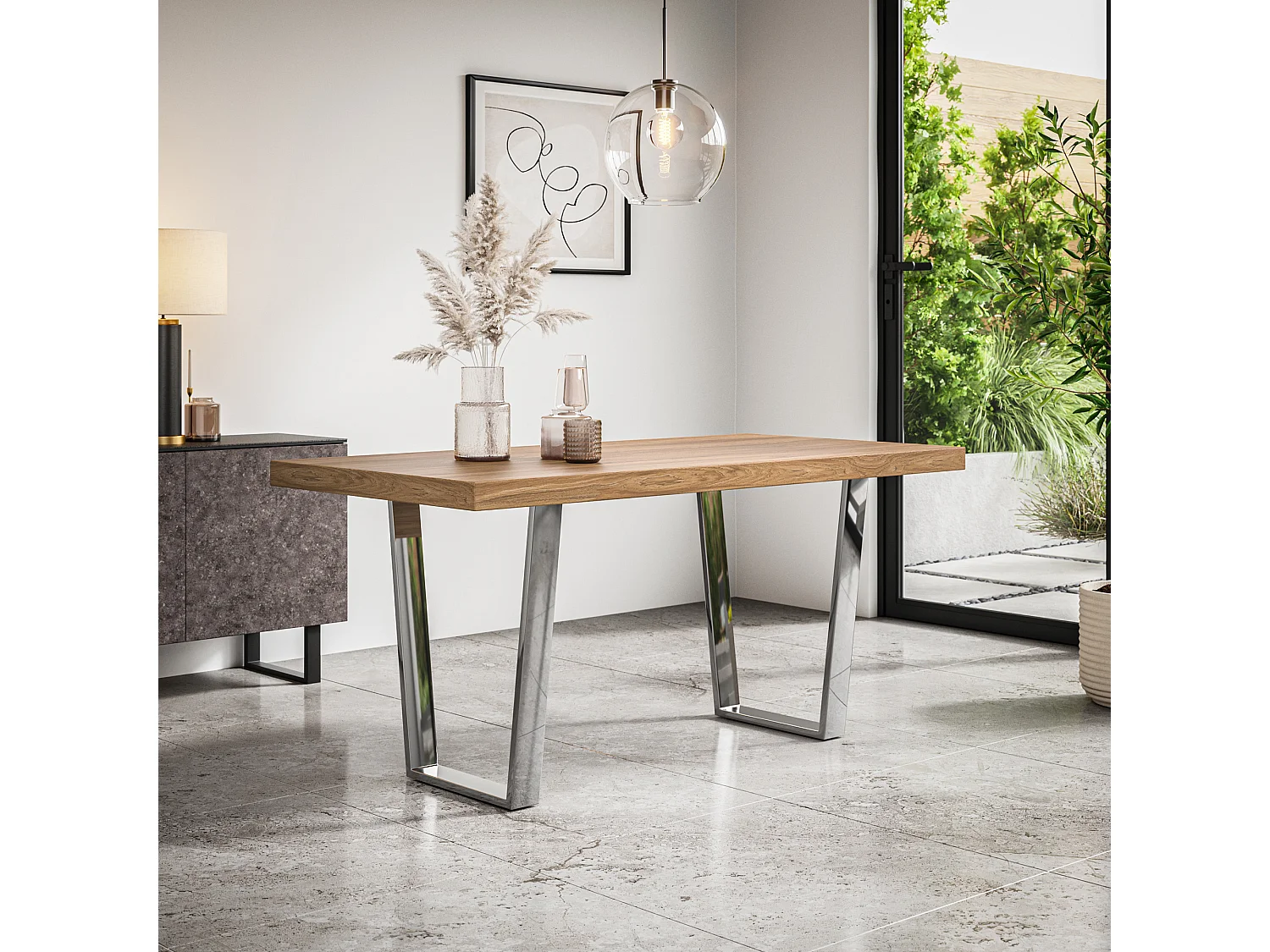 Aria Dining Table And Chairs -  Oak Effect Table Top w Chrome Legs + Monza Faux Leather Dining Chair w Chrome Legs Set Of 4
