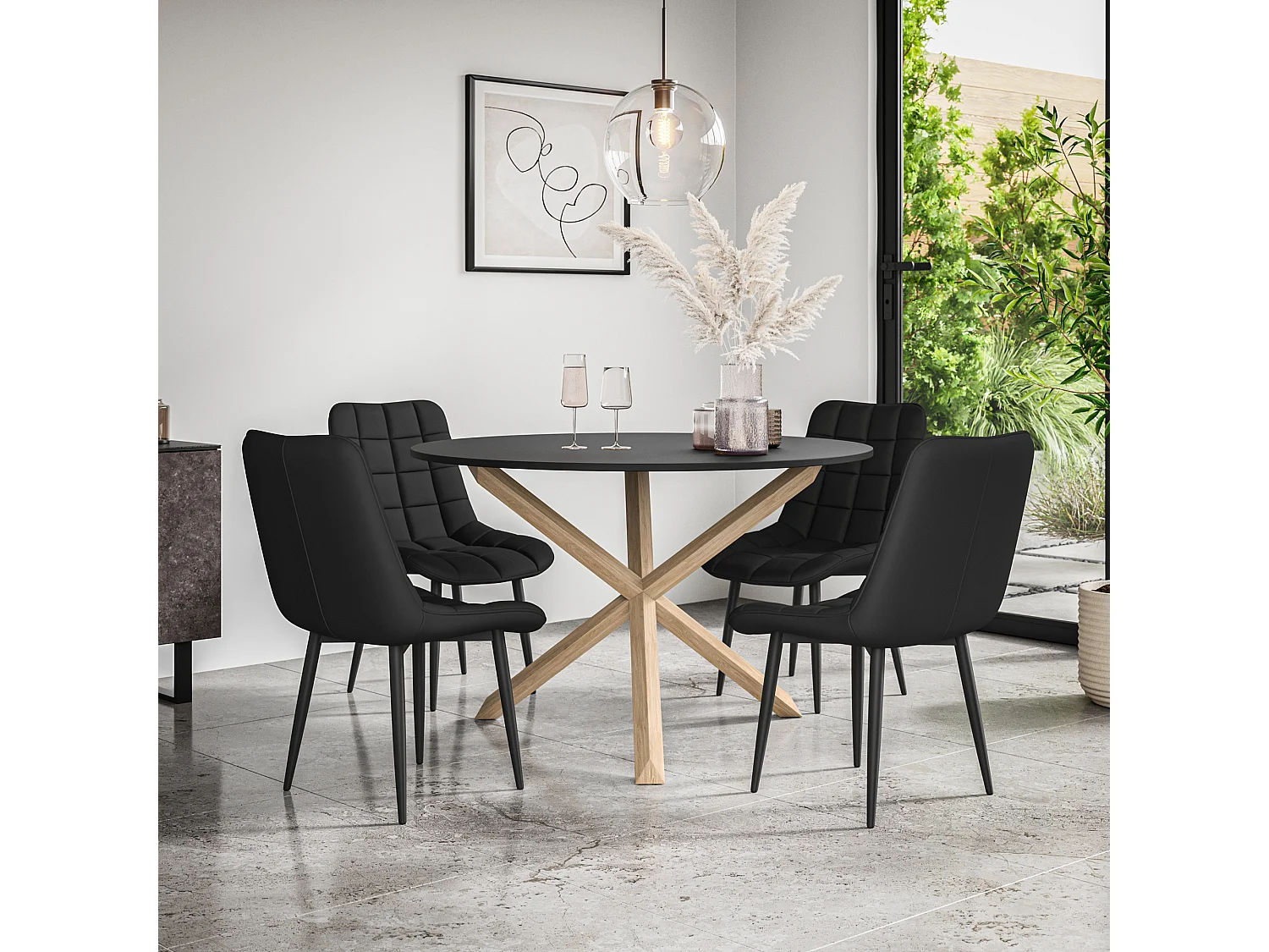 Malvern Round Dining Table And Chairs -  Black Table Top w Solid Oak Legs + Nova Faux Leather Dining Chair Set Of 4